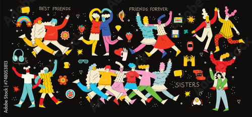 Best friends concept illustration. Vector illustration of multicultural girls and multicultural friendship. Happy friendship day. Teenage girl friends hugging and having fun.