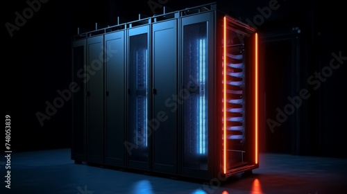 Running Server rack with orange neon lights . Isolated on dark background