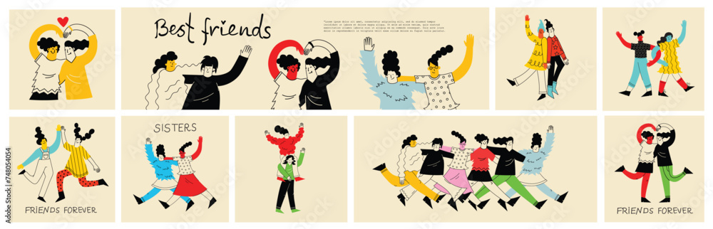 Obraz premium Best friends concept illustration. Vector illustration of multicultural girls and multicultural friendship. Happy friendship day. Teenage girl friends hugging and having fun.