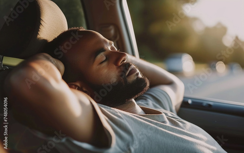 Closeup of a man sleeping in a car. © izzuan
