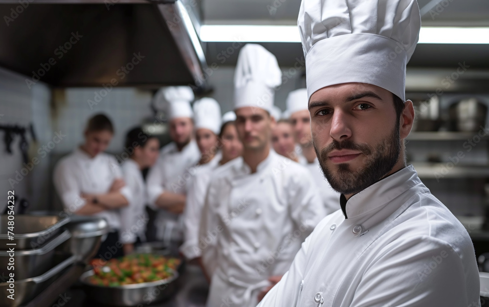 Portrait of chef standing in front of his team in commercial kitchen.