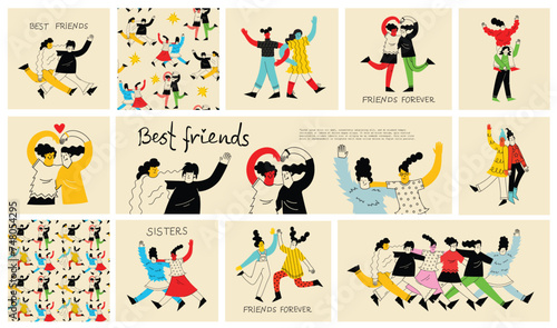 Best friends concept illustration. Vector illustration of multicultural girls and multicultural friendship. Happy friendship day. Teenage girl friends hugging and having fun. photo