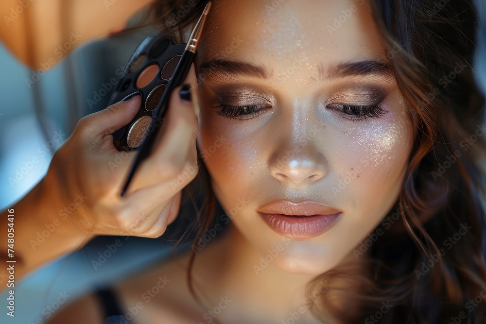 Fototapeta premium Makeup artist, makeup model. Hand of make-up master applying makeup and eyeshadow to a model