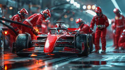 A Formula One pit crew in vibrant red uniforms rapidly converges to inspect and service a racing car as it approaches the pit stop during a competition