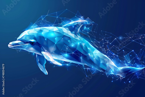 dolphin . Digital wireflame polygon illustration, blue background photo