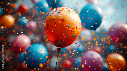 Celebration in the Air: A High Low Angle View of Colorful Balloons with Celebrational Materials photo