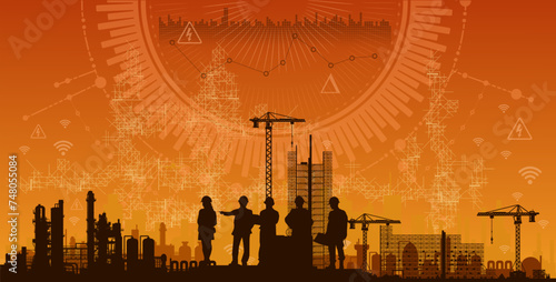 Vektor Darstellung Technologie - Digitale Daten und werte Analyse - Cloud Lösung Online - Industrie und Gebäude - Experten - Ingenieure 