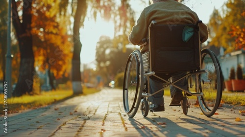Person in wheelchair on autumn path, symbolizing accessibility and independence in everyday life