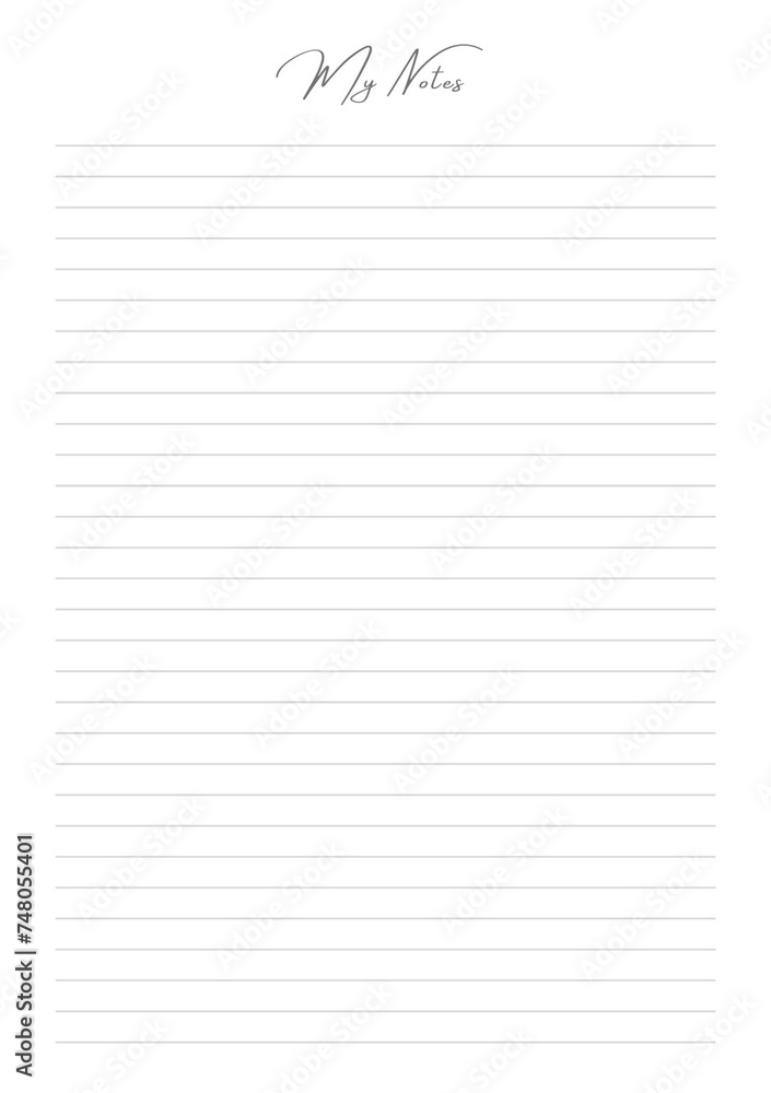 MY NOTES blank sheet of paper with straight parallel lines on white isolated background. Vector illustration. MY NOTES blank sheet of paper with straight parallel lines on white isolated background. Vector illustration.