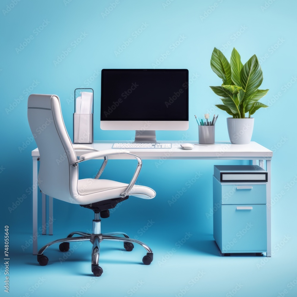 Workplace with computer and plant on wooden table. Light blue and white background Workplace with computer and plant on wooden table. Light blue and white background
