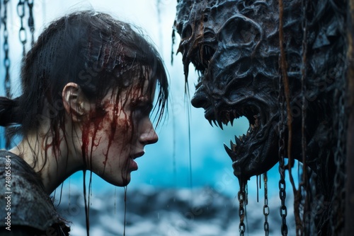 A post-apocalyptic woman covered in blood stares down a horrifying creature with glowing eyes in a dark and foggy forest, wearing a tattered cloak and displaying a determined expression on her face.