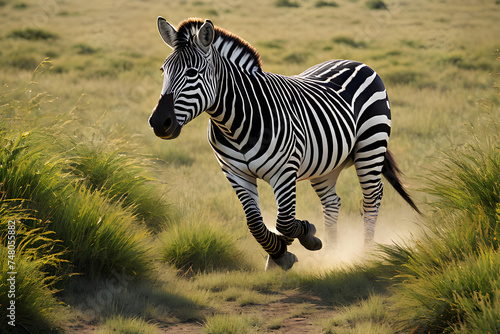 zebra running on the grassland Generative AI