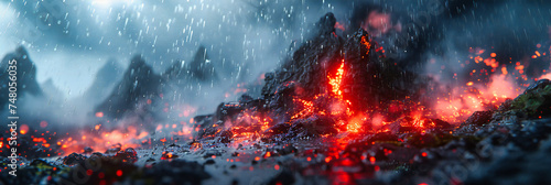 Volcanic Eruption at Night, Fiery Lava Flow and Smoke, Intense Natural Phenomenon