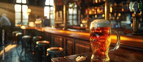 A glass of beer is placed on top of a wooden table, with the radiant light shining through the beverage. This simple yet inviting scene captures the essence of a cozy pub setting.