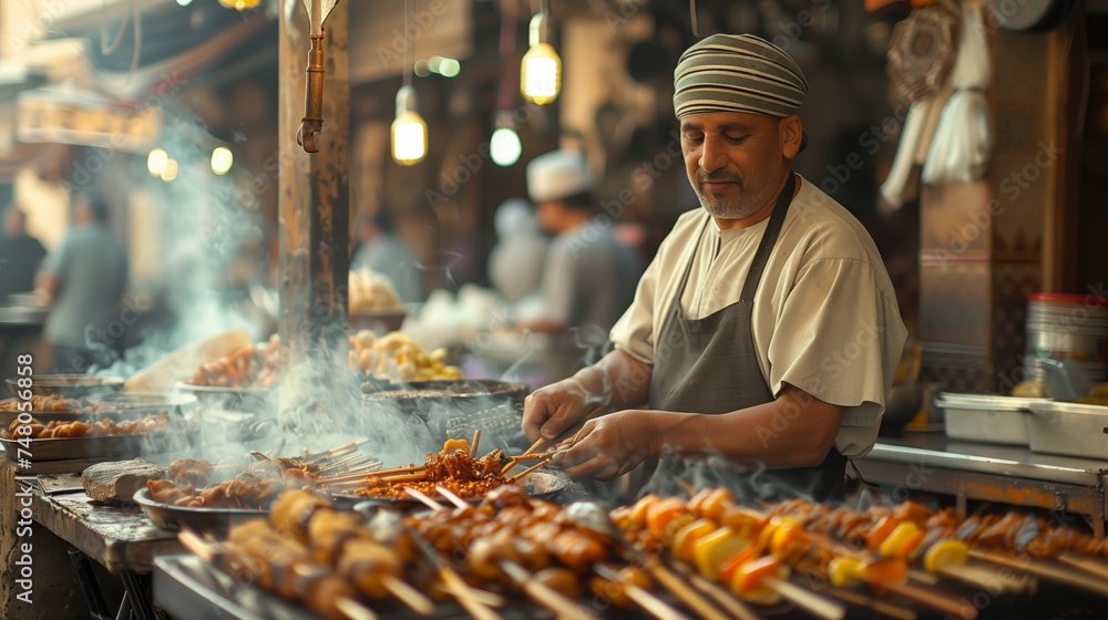 Street Food. Skilled street vendor attentively grills skewered kebabs amid the bustling atmosphere of a lively market.
