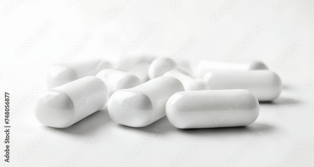 A collection of white capsules on a plain background A collection of white capsules on a plain background