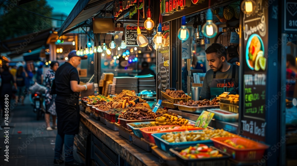 Street Food. A vendor at an evening street food market offers an abundant selection of aromatic dishes under warm lights.