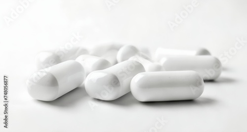  A collection of white capsules on a plain background