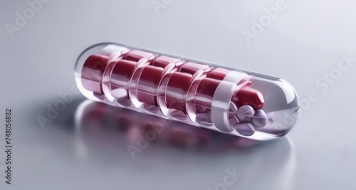  Pill capsule with red and white pills, close-up