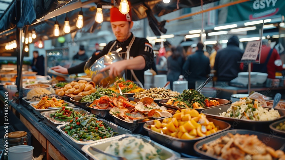 Street Food. A focused street food vendor carefully arranges a colorful array of dishes at a busy outdoor food market. Street Food. A focused street food vendor carefully arranges a colorful array of dishes at a busy outdoor food market.