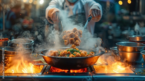 Street Food. A chef in white attire vigorously stirs a large wok full of food, with flames engulfing the pan, at a vibrant street food market.