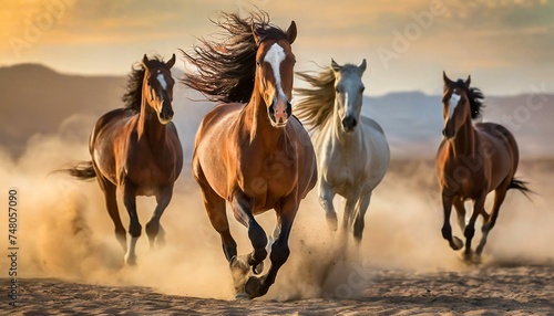 Horses with Long Manes Galloping and Running in Desert Dust: Portrait © wiizii