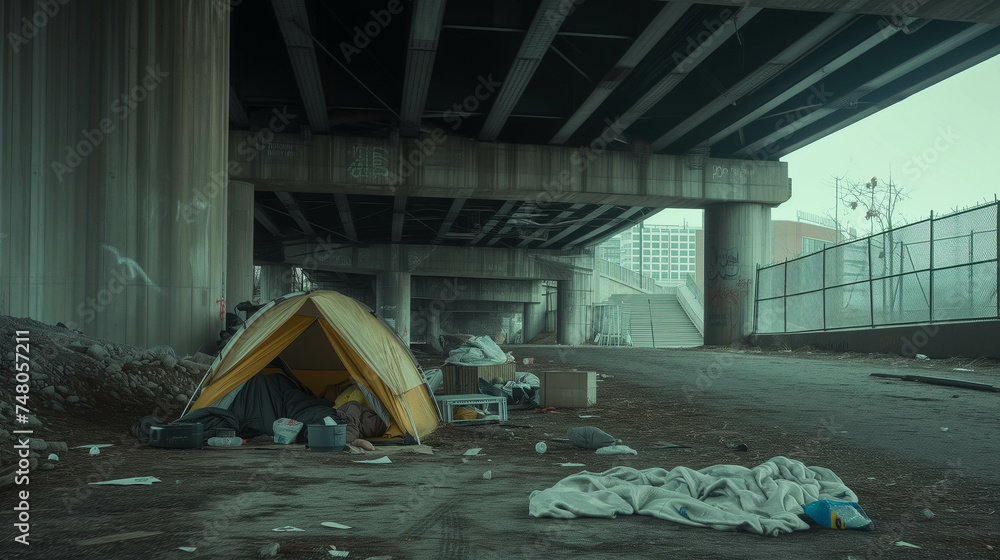 Homeless people seeking shelter under overpasses. - obrazy, fototapety, plakaty 