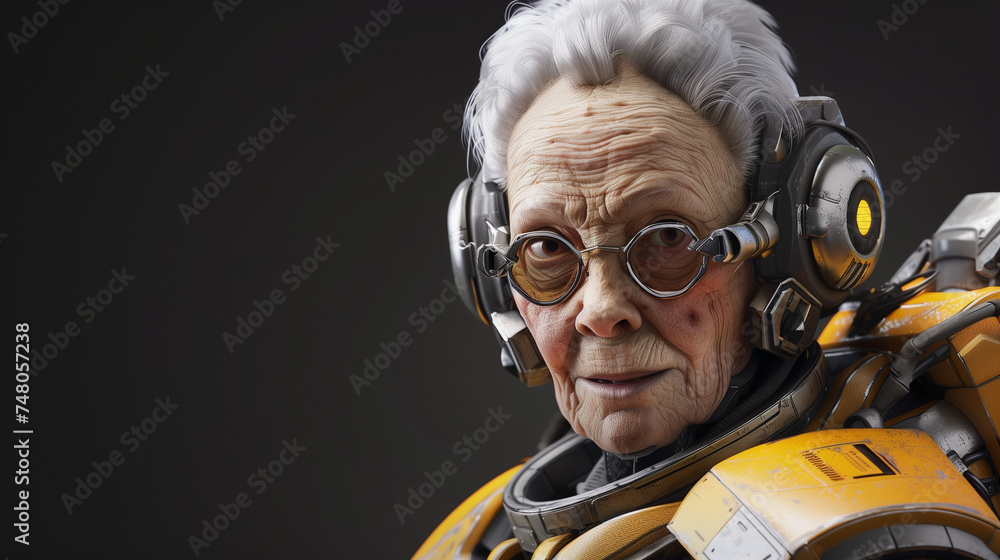 A captivating studio portrait of an elderly woman in a yellow spacesuit, rendered with stunning clarity and realism A captivating studio portrait of an elderly woman in a yellow spacesuit, rendered with stunning clarity and realism