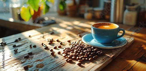 cup of coffee while beans are sitting on a wooden table