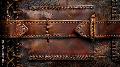 Detailed view of vintage leather book with intricate stitching and rich patina, conveying an antique aesthetic.