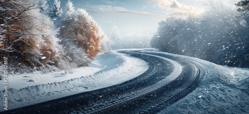 a winding road in winter in a snowy landscape