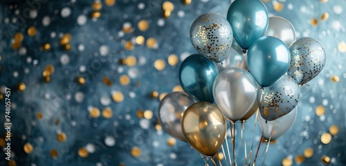 balloons with gold, silver confetti on a grey background party design