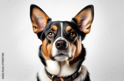 Portrait of a cute dog in a collar on a light background.