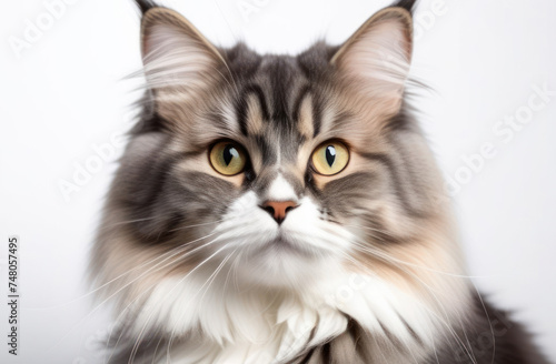 Fluffy tabby cat looks at the camera on a white background.