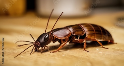  Close-up of a brown beetle on a wooden surface © vivekFx