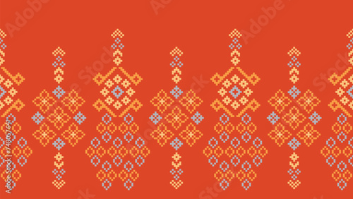 Traditional ethnic motifs ikat geometric fabric pattern cross stitch.Ikat embroidery Ethnic oriental Pixel orange background.Abstract,vector,illustration. Texture,scarf,decoration,wallpaper.