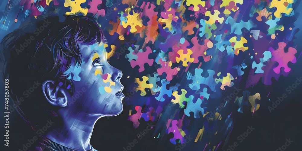 World Autism Awareness Day,banner,portrait of a boy on a background of colorful puzzles,a place for text,concepts of inclusivity, diversity, awareness and help, mental illness and brain diseases - obrazy, fototapety, plakaty 