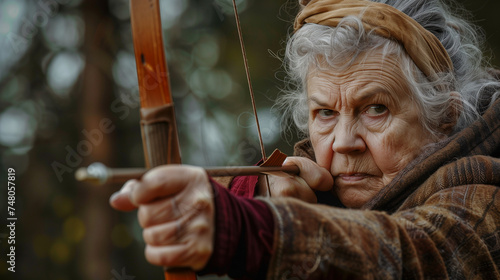 An evocative portrayal of an elderly lady aiming a bow, blending grandparentcore with pseudo-historical fiction, characterized by strong facial expressions and a detailed hunting scene  photo