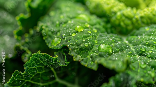Macro Shot. Extreme close-up of a fresh green leaf with delicate dew drops, highlighting the intricate patterns of nature.