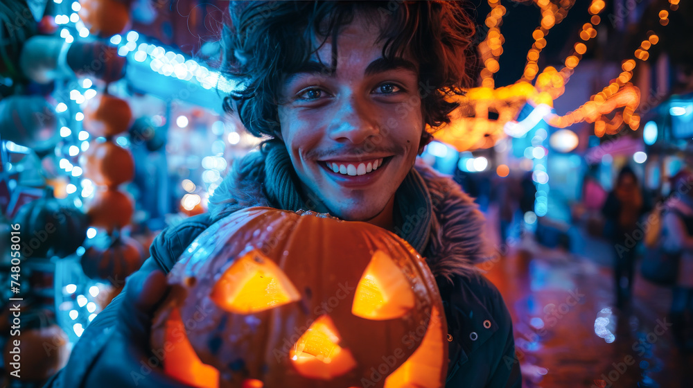 Boy with a Pumpkin in a Celebration Place: A Selfie Boy with a Pumpkin in a Celebration Place: A Selfie