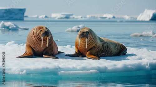 Walruses lying on a melting ice floe, with a clear blue sky and distant icebergs in the Arctic region.