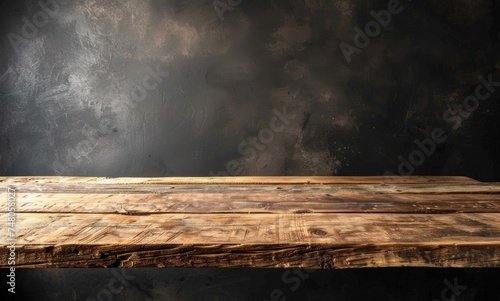 an empty wooden table with a black background