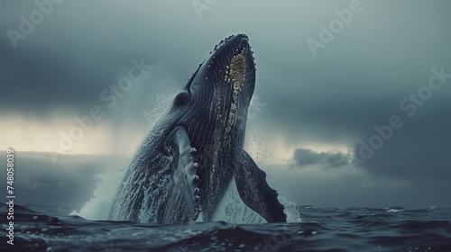 Majestic humpback whale breaching with powerful energy in the rough sea under a stormy sky. © Old Man Stocker