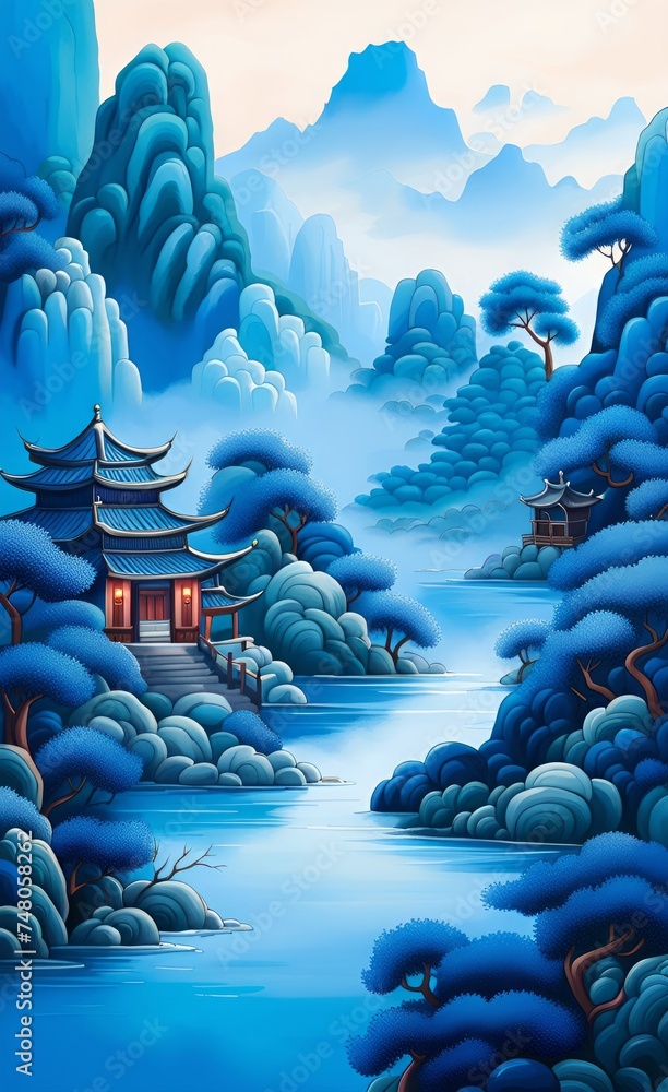 Hand painted Chinese style blue elegant landscape painting, Generative AI