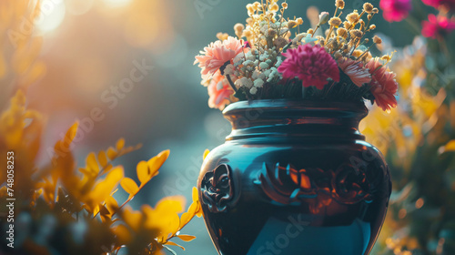 Funeral Urn with Ashes of Dead and Flowers at Fun.