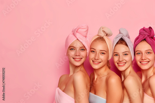 Group of happy young women with towels on their heads, isolated on pink background