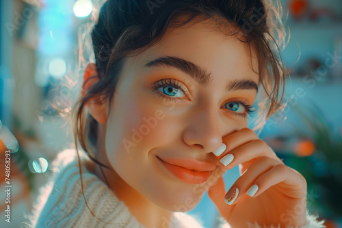 Portrait of a beautiful young woman with blue eyes and bright makeup