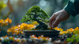 A gardener pruning a bonsai tree, with miniature branches as the background, during a serene afternoon in the bonsai garden