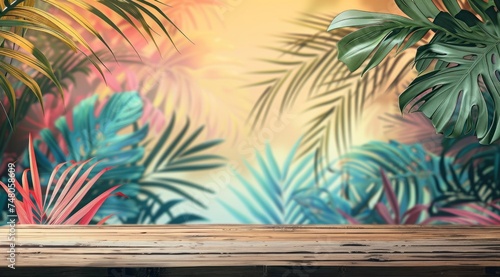wooden table with colorful palm leaves on a flat beach background