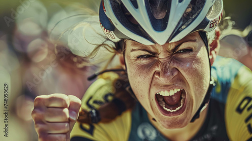 Epic Portrait Of A Victory Female Cyclist With Her Fist Pumped In Triumph. Perseverance And Winning Attitude. Woman With Bike, Female Cyclist Background